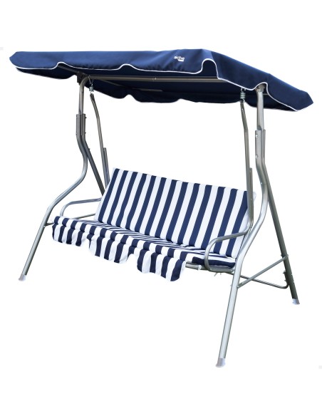Cadeira de balanço de jardim azul e branca com toldo inclinável 3 lugares