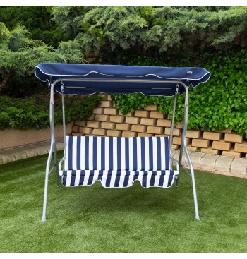 Cadeira de balanço de jardim azul e branca com toldo... 2