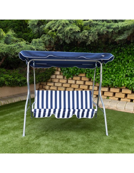 Cadeira de balanço de jardim azul e branca com toldo inclinável 3 lugares