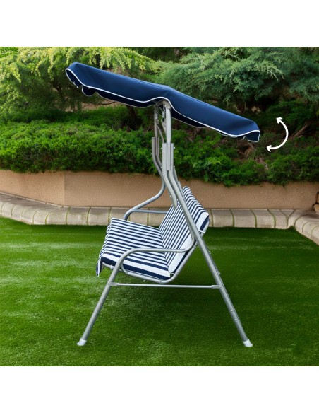 Cadeira de balanço de jardim azul e branca com toldo inclinável 3 lugares