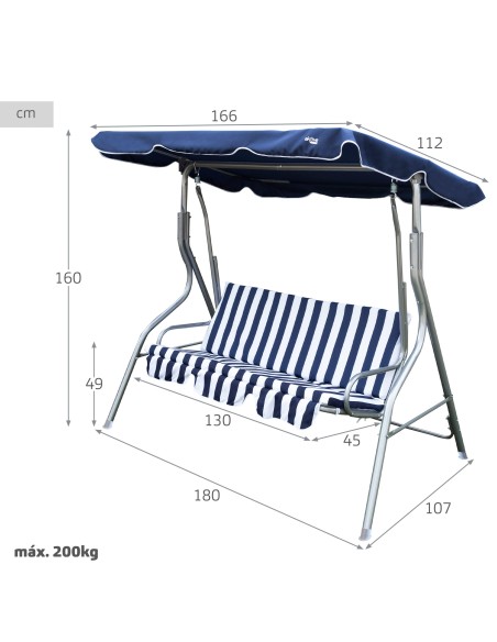 Cadeira de balanço de jardim azul e branca com toldo inclinável 3 lugares