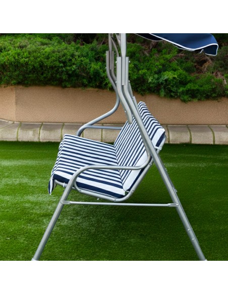 Cadeira de balanço de jardim azul e branca com toldo inclinável 3 lugares