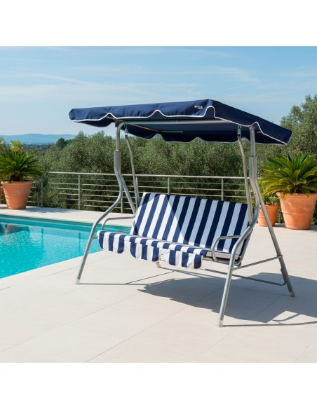 Cadeira de balanço de jardim azul e branca com toldo inclinável 3 lugares