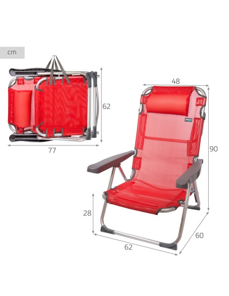 Conjunto de 2 cadeiras de praia multiposições 48x60x90 cm vermelhas com almofada