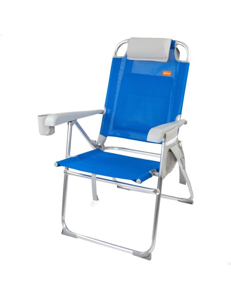 Cadeira de praia alta multiposições 48x65x100 cm azul com almofada, bolso e porta-copos