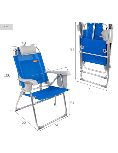 Cadeira de praia alta multiposições 48x65x100 cm azul com almofada, bolso e porta-copos