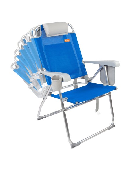 Cadeira de praia alta multiposições 48x65x100 cm azul com almofada, bolso e porta-copos