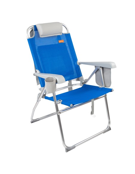 Cadeira de praia alta multiposições 48x65x100 cm azul com almofada, bolso e porta-copos