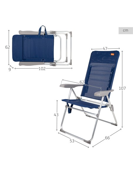 Cadeira de praia alta dobrável fina, multiposições, 47x66x107 cm, azul marinho