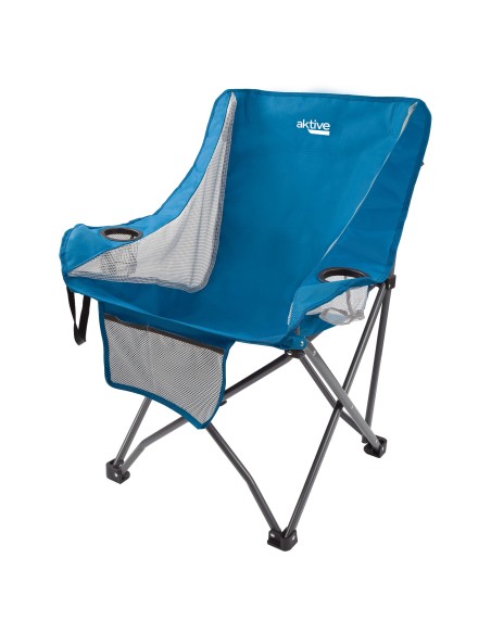 Cadeira de camping dobrável azul com suporte para copos e bolso
