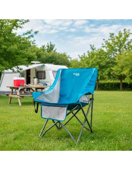 Cadeira de camping dobrável azul com suporte para copos e bolso