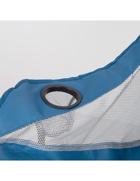 Cadeira de camping dobrável azul com suporte para copos e bolso