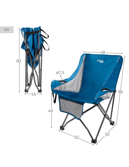 Cadeira de camping dobrável azul com suporte para copos e bolso