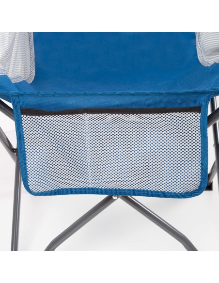 Cadeira de camping dobrável azul com suporte para copos e bolso