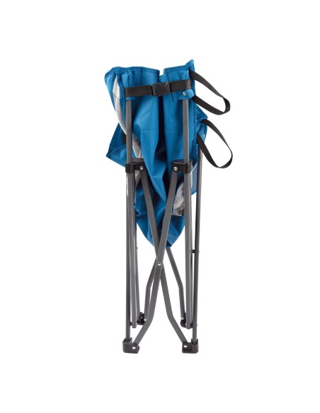 Cadeira de camping dobrável azul com suporte para copos e bolso
