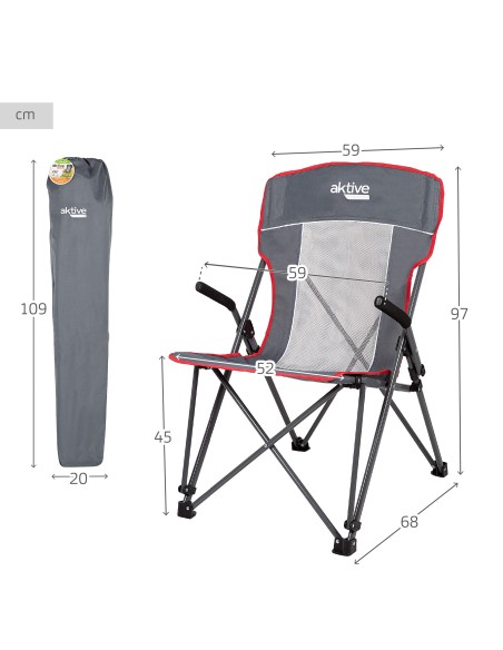 Cadeira de camping dobrável cinzenta com apoios de braços amovíveis