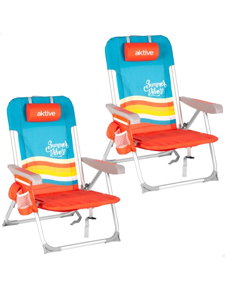Pack 2 cadeiras praia médias multiposições 50x60x85 cm multicoloridas com bolsos