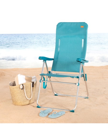 Cadeira de praia dobrável com múltiplas posições, azul, 47x67x110 cm, com alça.