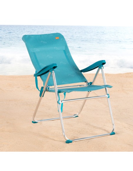 Cadeira de praia dobrável com múltiplas posições, azul, 47x67x110 cm, com alça.