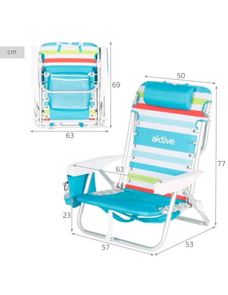 Aktive Cadeira de praia baixa multiposições 50x53x77cm geleira e bolsos