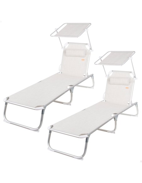 Pack 2 espreguiçadeiras de praia multiposições 186x49x30 cm bege com guarda-sol e almofada.