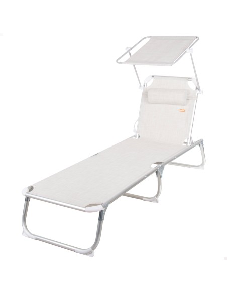 Pack 2 espreguiçadeiras de praia multiposições 186x49x30 cm bege com guarda-sol e almofada.