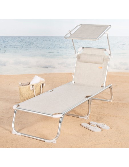 Pack 2 espreguiçadeiras de praia multiposições 186x49x30 cm bege com guarda-sol e almofada.