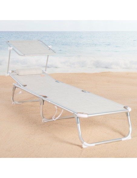 Pack 2 espreguiçadeiras de praia multiposições 186x49x30 cm bege com guarda-sol e almofada.