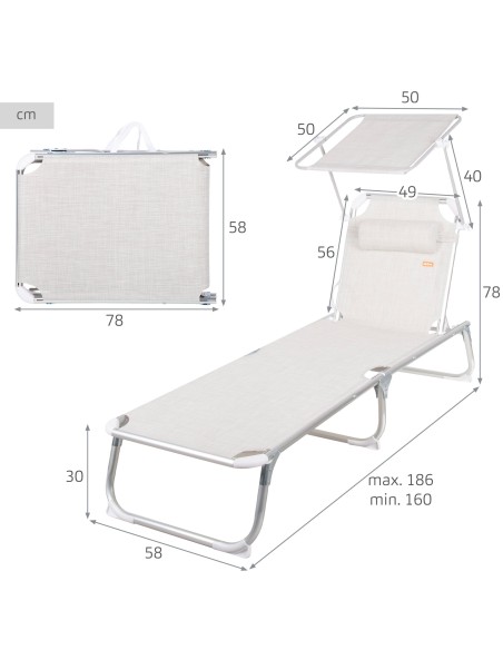 Pack 2 espreguiçadeiras de praia multiposições 186x49x30 cm bege com guarda-sol e almofada.