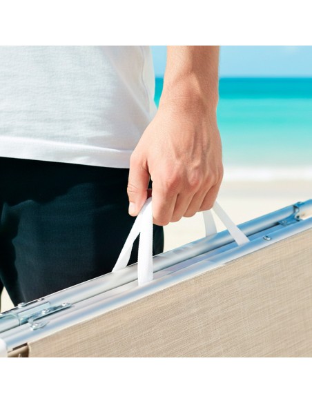 Pack 2 espreguiçadeiras de praia multiposições 186x49x30 cm bege com guarda-sol e almofada.