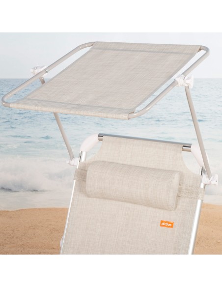 Pack 2 espreguiçadeiras de praia multiposições 186x49x30 cm bege com guarda-sol e almofada.