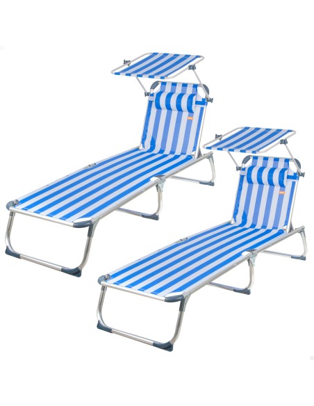 Pack 2 espreguiçadeiras de praia multiposições 186x49x30 cm estilo náutico com guarda-sol e almofada
