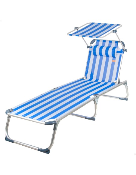 Pack 2 espreguiçadeiras de praia multiposições 186x49x30 cm estilo náutico com guarda-sol e almofada