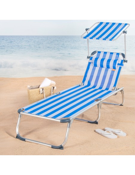Pack 2 espreguiçadeiras de praia multiposições 186x49x30 cm estilo náutico com guarda-sol e almofada