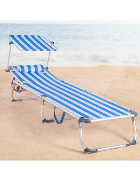 Pack 2 espreguiçadeiras de praia multiposições 186x49x30 cm estilo náutico com guarda-sol e almofada