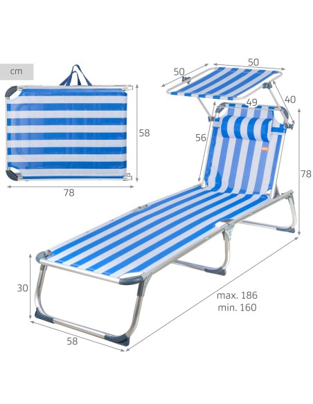 Pack 2 espreguiçadeiras de praia multiposições 186x49x30 cm estilo náutico com guarda-sol e almofada