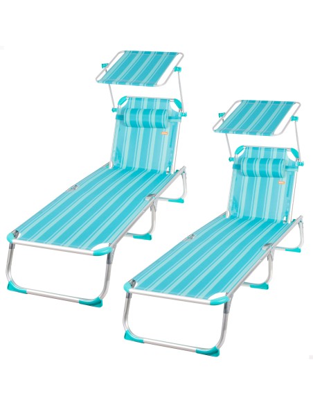 Pack 2 espreguiçadeiras de praia multiposições 186x49x30 cm listradas turquesa guarda-sol e almofada