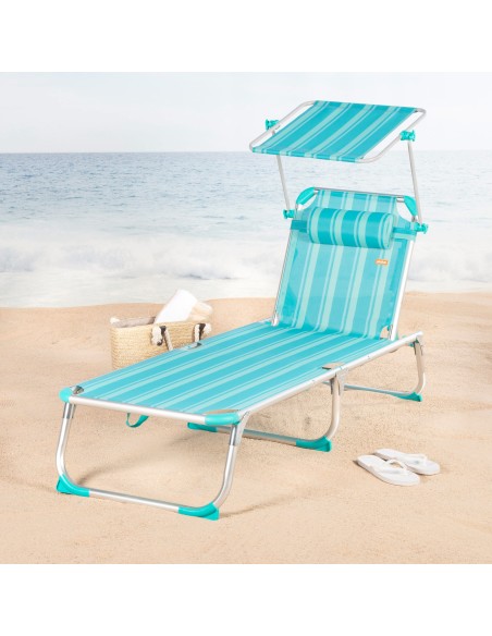 Pack 2 espreguiçadeiras de praia multiposições 186x49x30 cm listradas turquesa guarda-sol e almofada