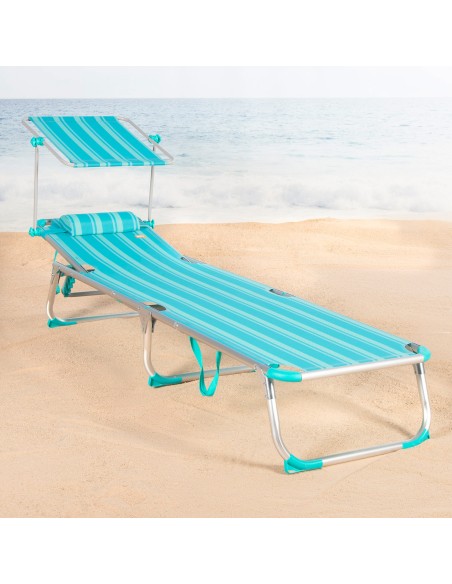 Pack 2 espreguiçadeiras de praia multiposições 186x49x30 cm listradas turquesa guarda-sol e almofada