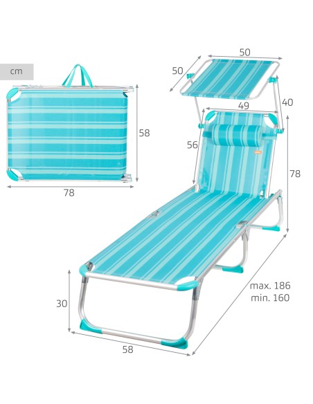 Pack 2 espreguiçadeiras de praia multiposições 186x49x30 cm listradas turquesa guarda-sol e almofada
