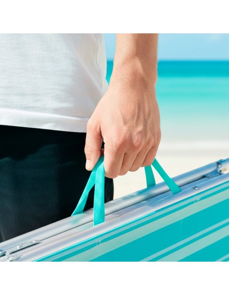 Pack 2 espreguiçadeiras de praia multiposições 186x49x30 cm listradas turquesa guarda-sol e almofada