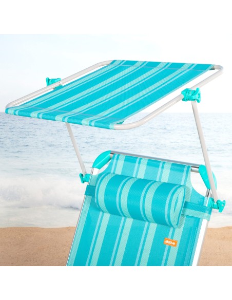 Pack 2 espreguiçadeiras de praia multiposições 186x49x30 cm listradas turquesa guarda-sol e almofada