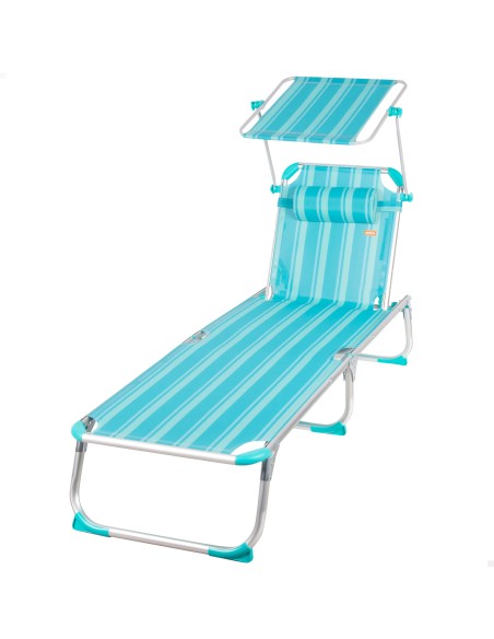 Pack 2 espreguiçadeiras de praia multiposições 186x49x30 cm listradas turquesa guarda-sol e almofada