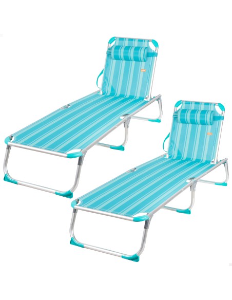 Pack 2 espreguiçadeiras praia multiposições 186x49x30 cm listradas em turquesa com almofada