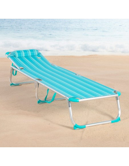 Pack 2 espreguiçadeiras praia multiposições 186x49x30 cm listradas em turquesa com almofada