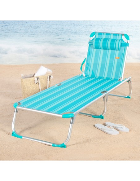 Pack 2 espreguiçadeiras praia multiposições 186x49x30 cm listradas em turquesa com almofada