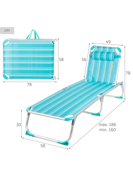 Pack 2 espreguiçadeiras praia multiposições 186x49x30 cm listradas em turquesa com almofada