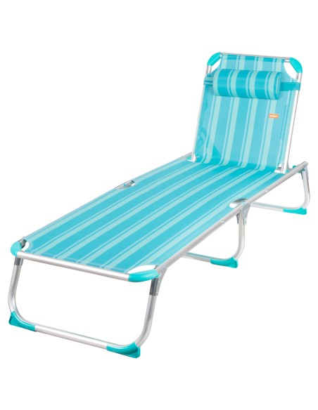 Pack 2 espreguiçadeiras praia multiposições 186x49x30 cm listradas em turquesa com almofada