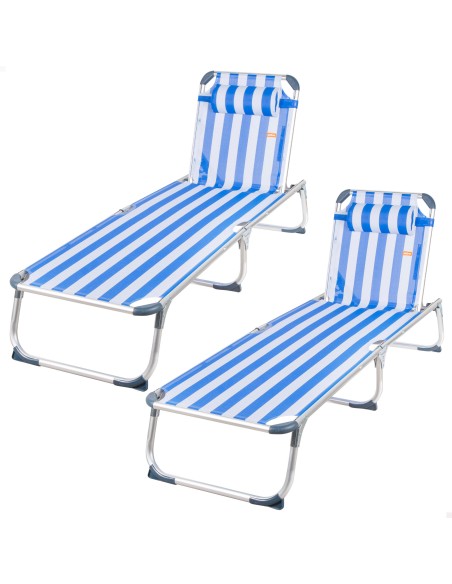 Pack 2 espreguiçadeiras praia multiposições estilo náutico 186x49x30 cm almofada