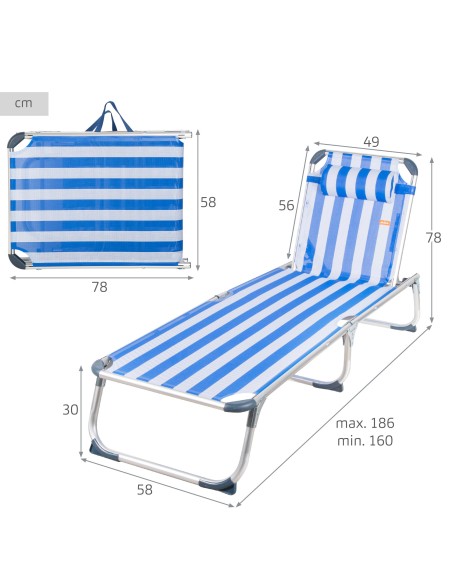 Pack 2 espreguiçadeiras praia multiposições estilo náutico 186x49x30 cm almofada